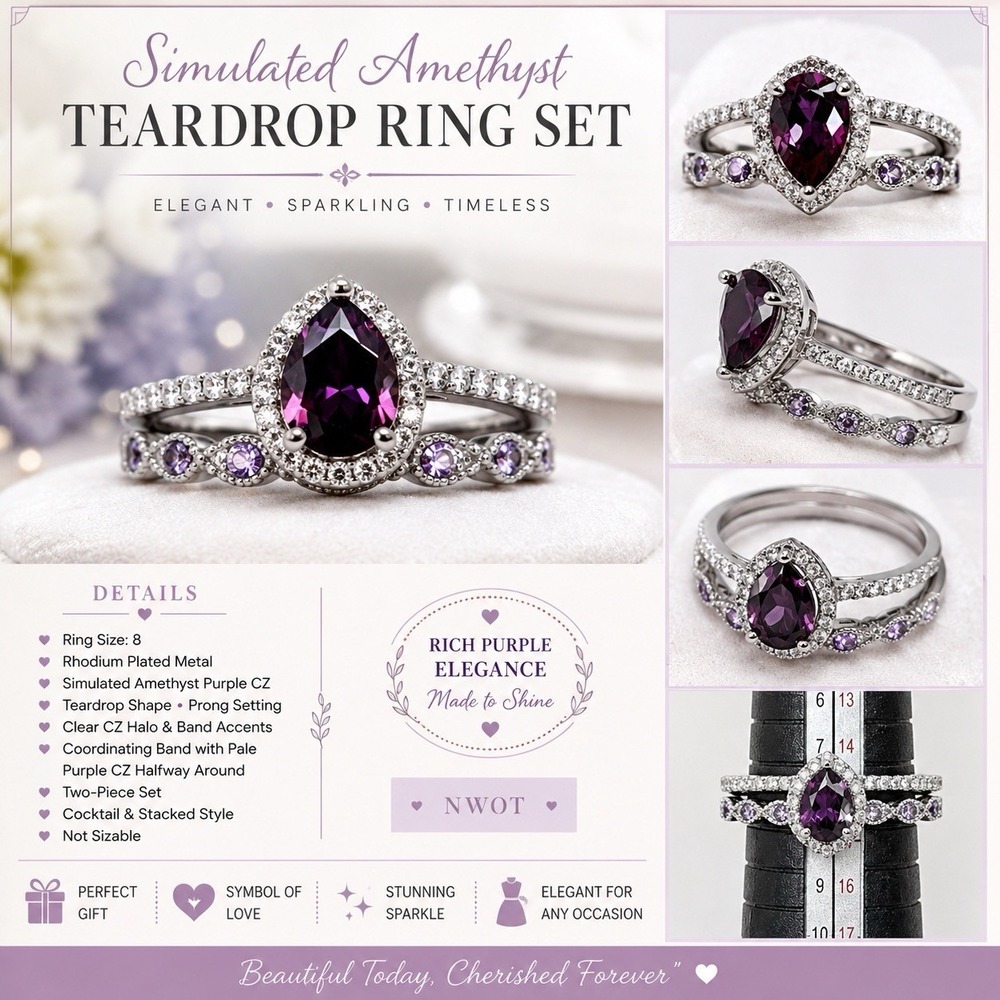 NWOT Simulated Amethyst Purple CZ Teardrop Ring Band Set Size 8 Rhodium